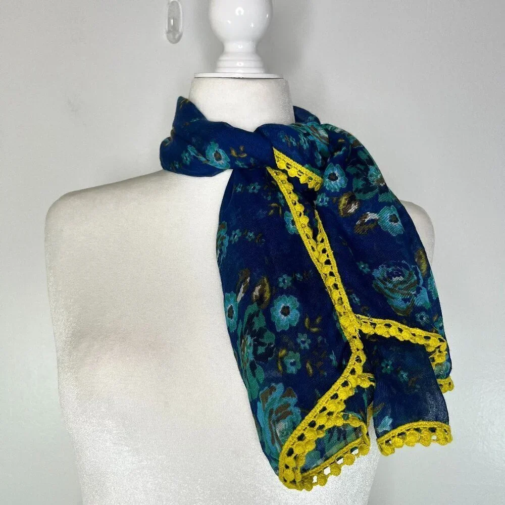 Women's‎ Square Scarf 40 in Blue Floral Yellow Crochet Hem Sheer Vibrant Coverup